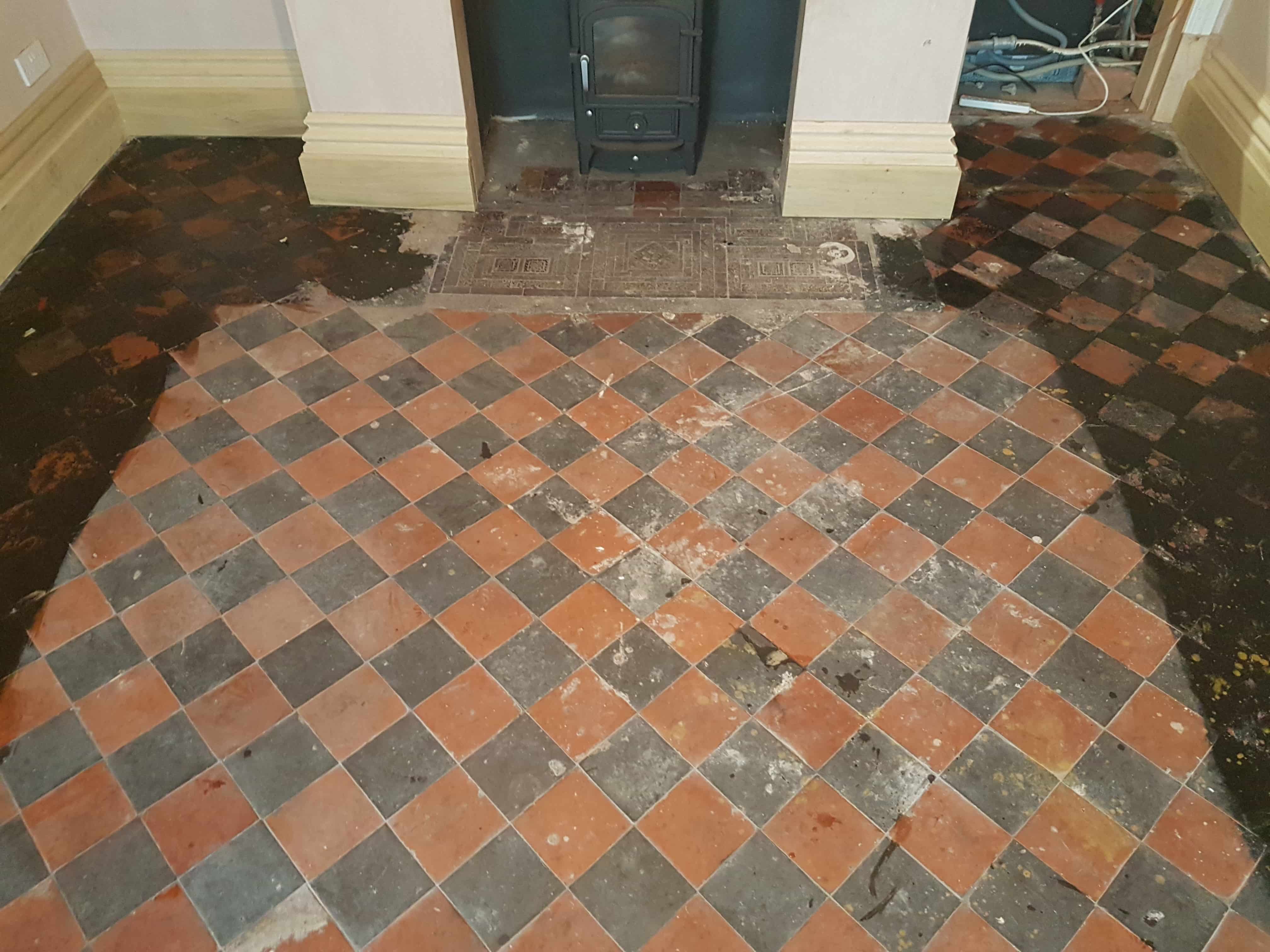 Old Black and Red Quarry Tiled Floor Before Cleaning