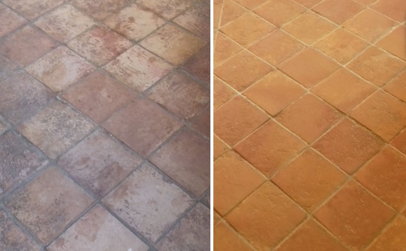 1970s Terracotta Tiled Floor Before and After Restoration Chilham Cottage